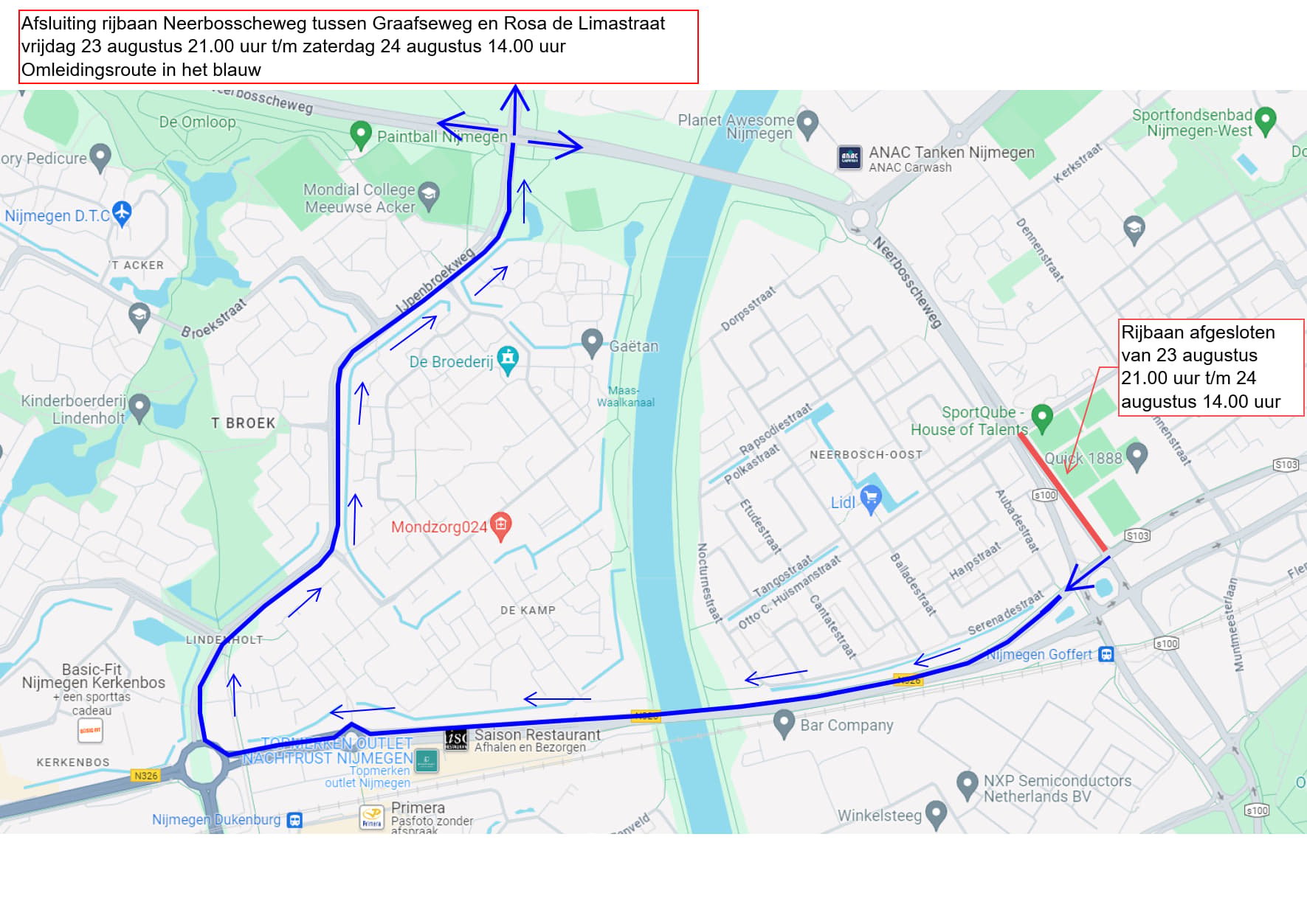 Afbeelding 1 omleidingsroute afsluiting Neerbosscheweg 23 en 24 augustus