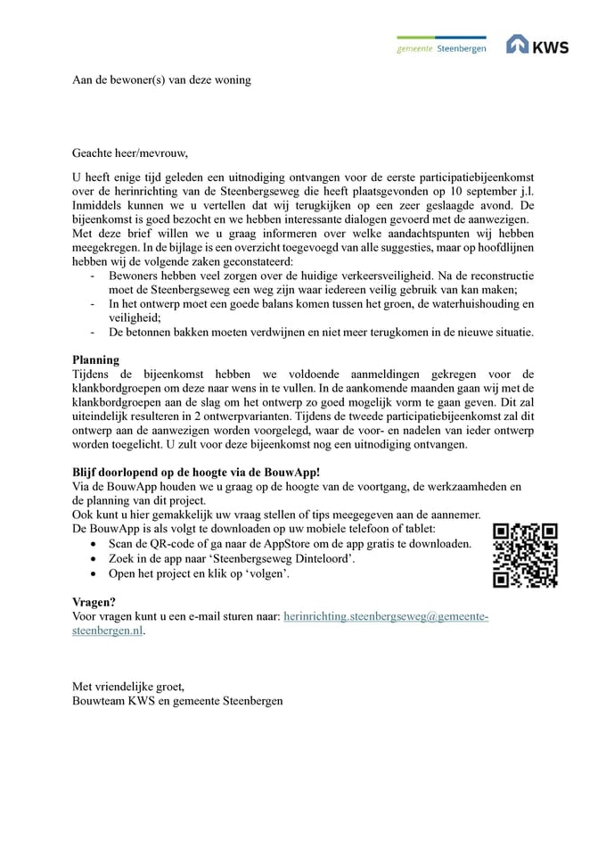 Terugkoppeling participatiebijeenkomst bewoners Steenbergseweg