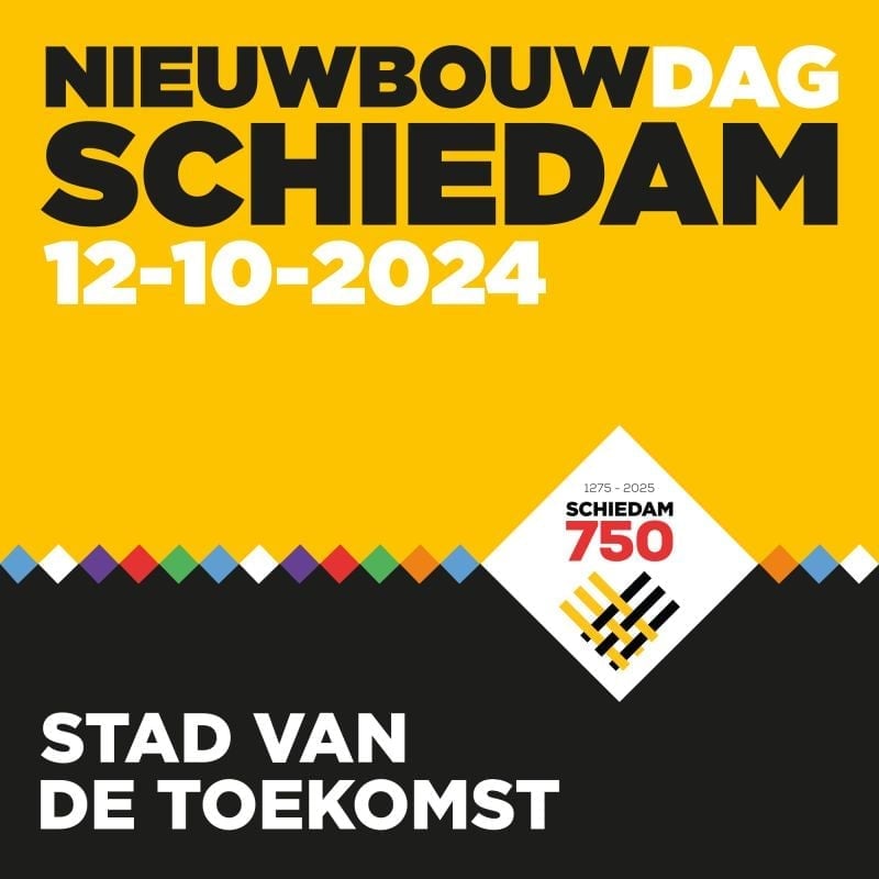 Banner nieuwbouwdag Schiedam 12-10-2024 Stad van de toekomst. Schiedam 750