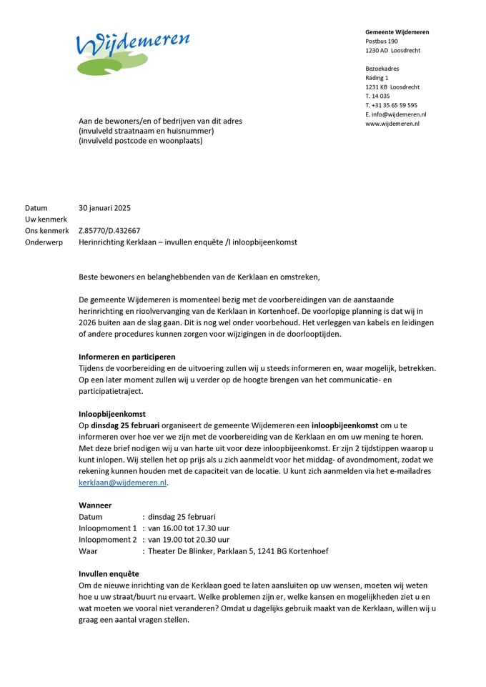 Brief inloopbijeenkomst - invullen enquête