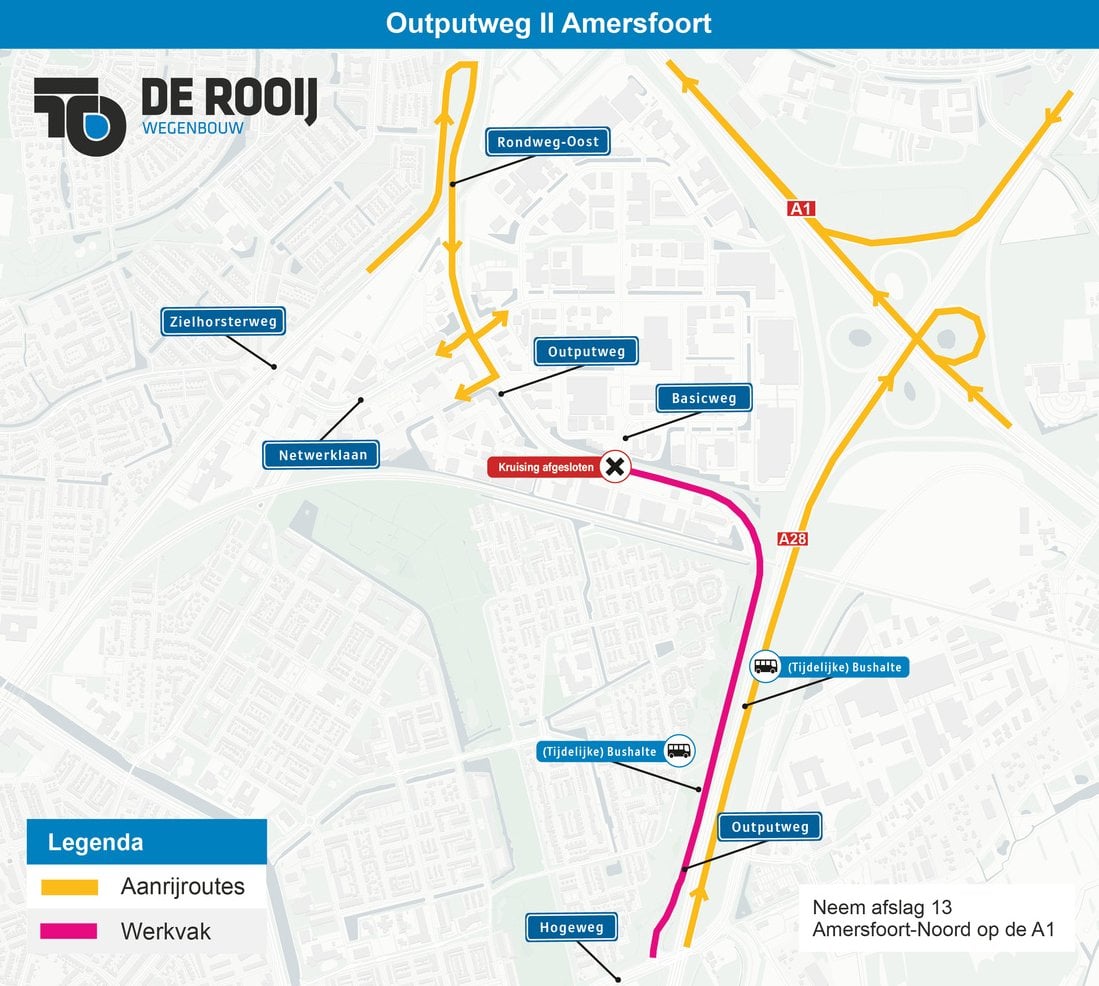 Kaart van de werkzaamheden aan de Outputweg in Amersfoort tussen 24 februari 7.00 uur en 17 maart 5.00 uur.