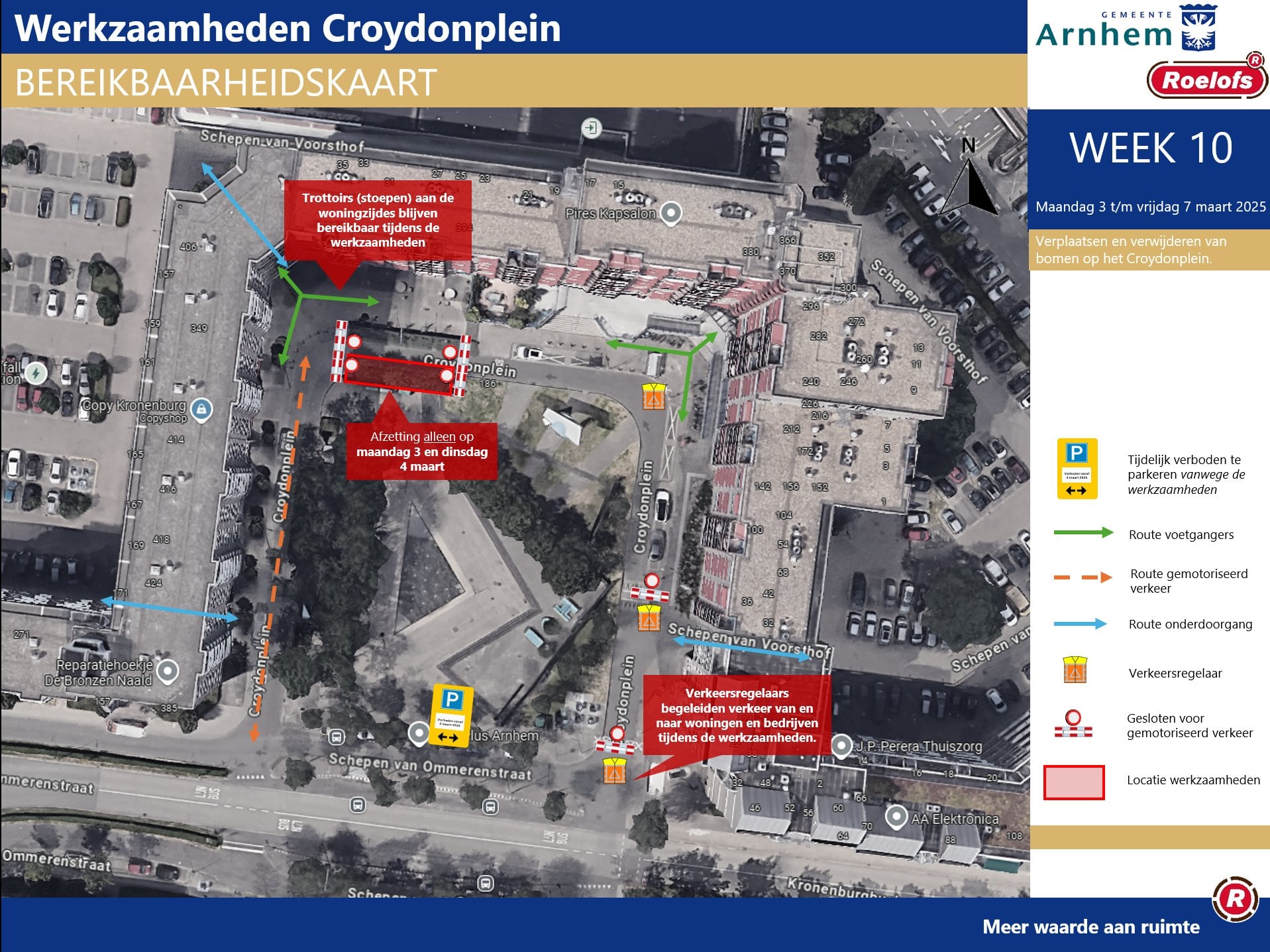 Bereikbaarheidskaart werkzaamheden Croydonplein
Verplaatsen en verwijderen van bomen op het Croydonplein
Maandag 3 t/m vrijdag 7 maart 2025
