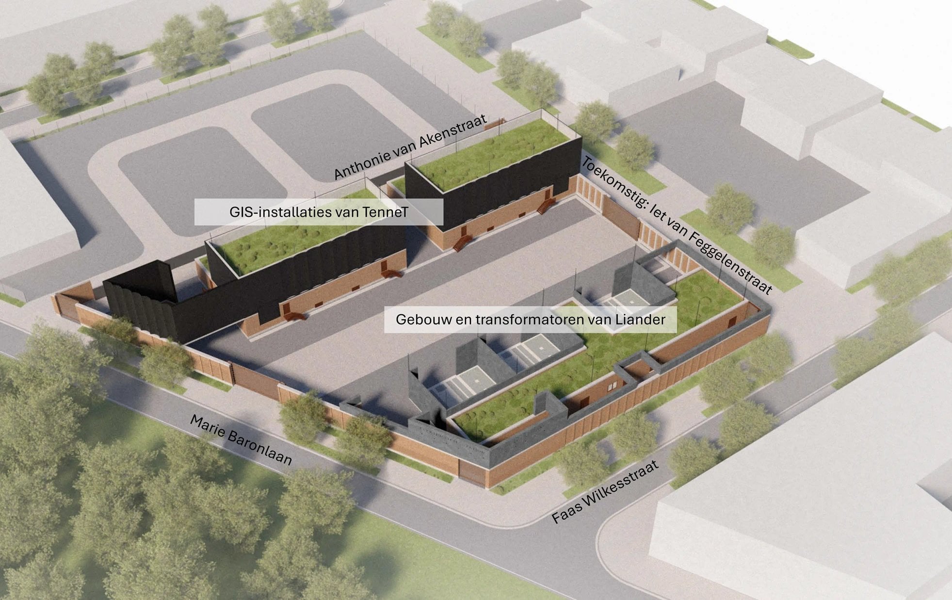 Overzicht van de verschillende gebouwen van elektriciteitsstation Zeeburgereiland