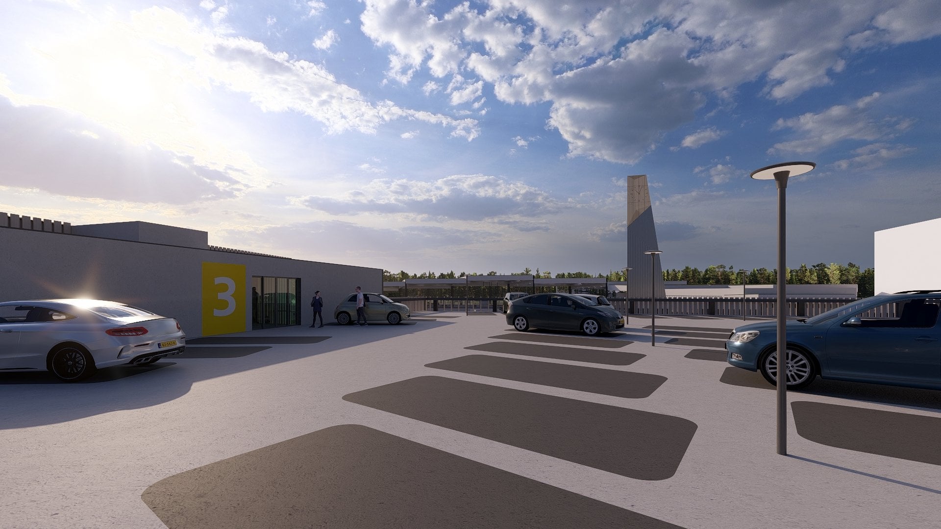 Een sfeerbeeld van hoe de bovenste etage van de nieuwe P+R-garage er straks uit komt te zien