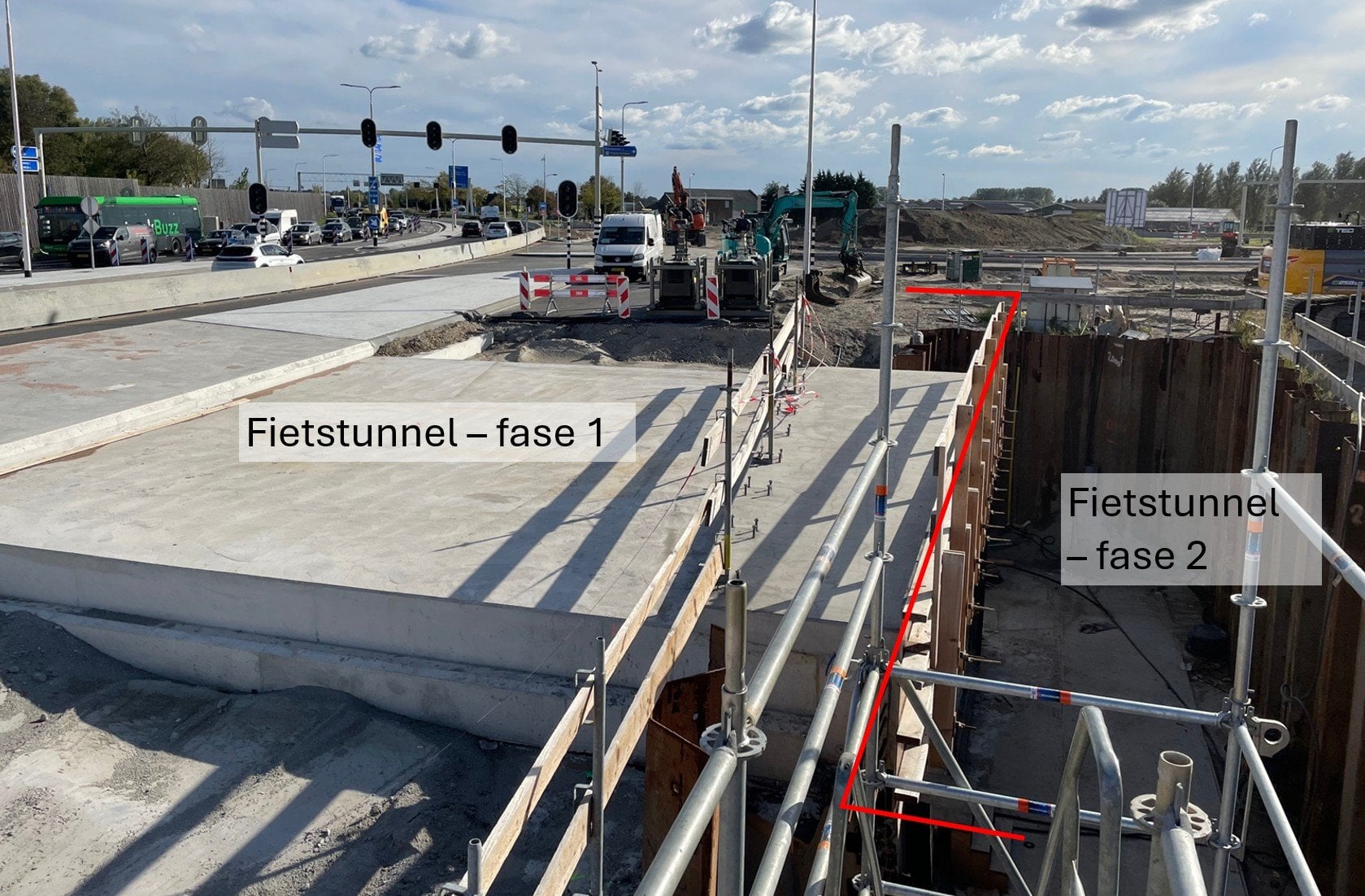 Aansluiting nieuwe fietstunnel fase 1  met de te bouwen fietstunnel fase 2.