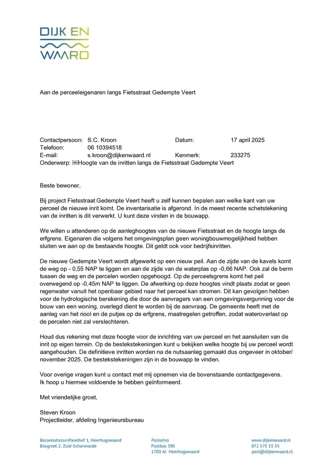 Brief over hoogtes van de inritten