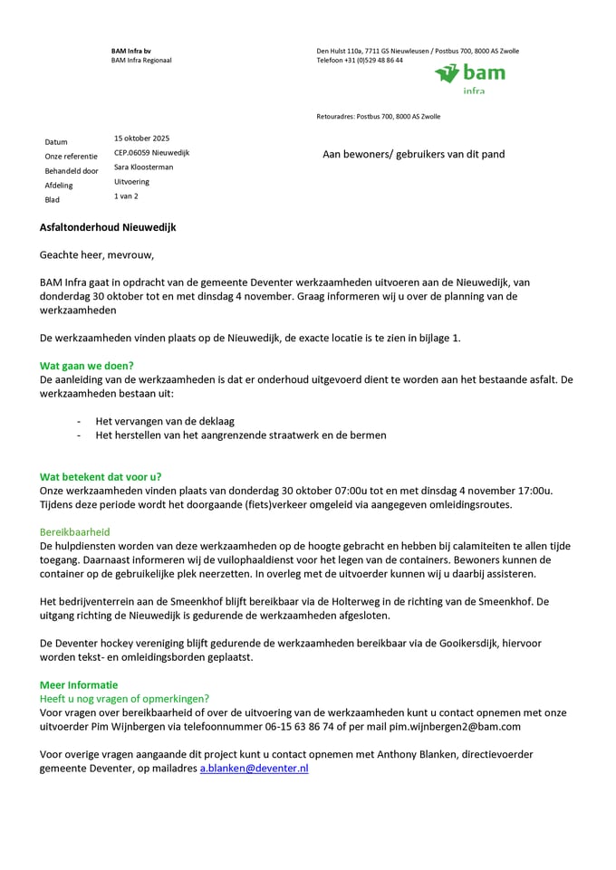 Bewonersbrief van de werkzaamheden op de Nieuwendijk
