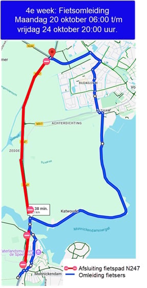 Blauwe lijn is de omleidingsroute