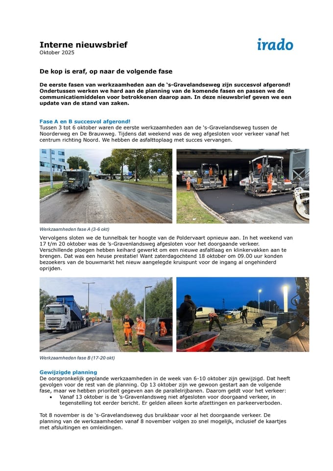 Nieuwsbrief van Irado over werkzaamheden 's-Gravelandseweg