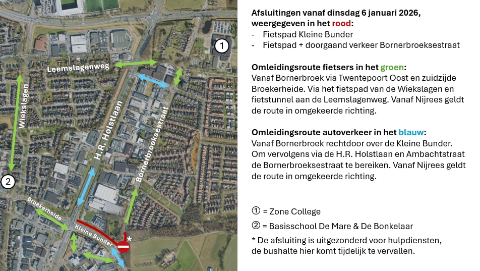 Omleidingsroute afsluiting Bornerbroeksestraat, vanaf dinsdag 6 januari.