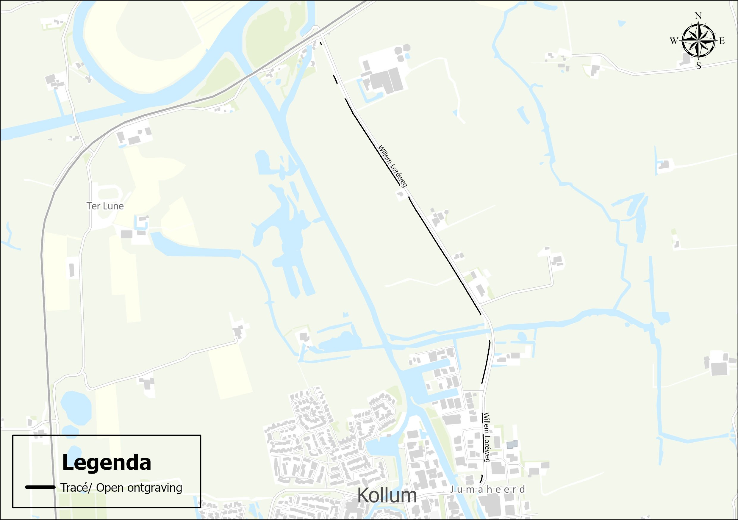 Locatie/route kabeltracé langs de Willem Loréweg.