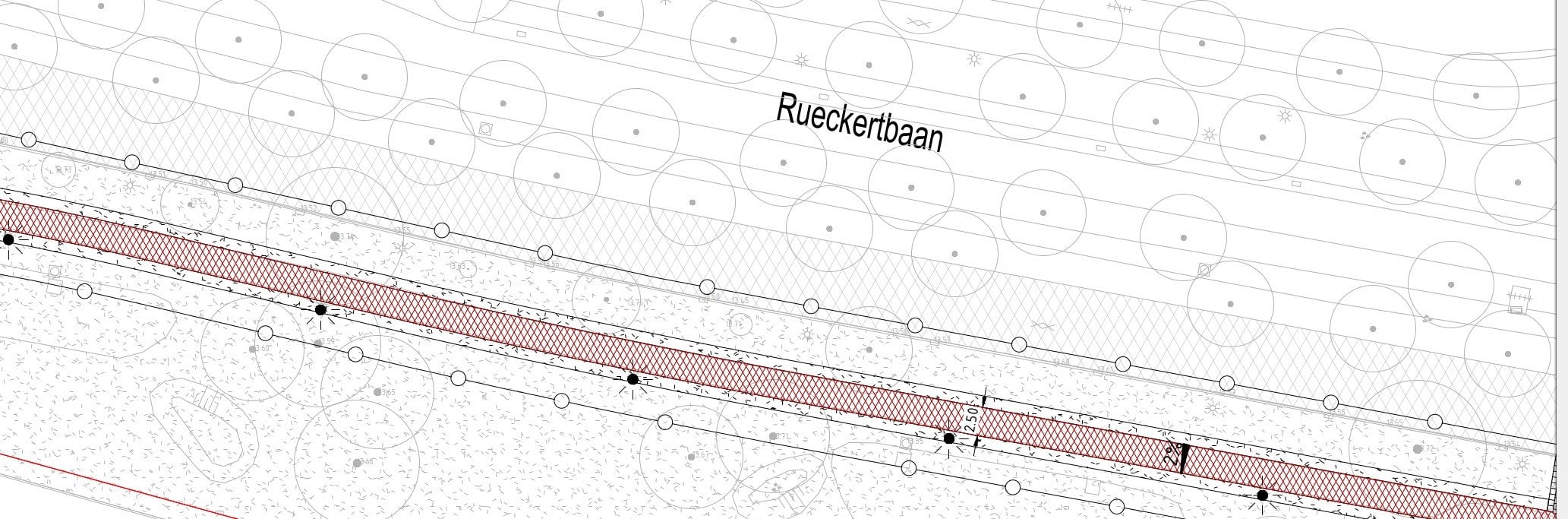 Op de afbeelding is een deel van het ontwerp van de verbreding van het fietspad van de Rueckertbaan te zien.