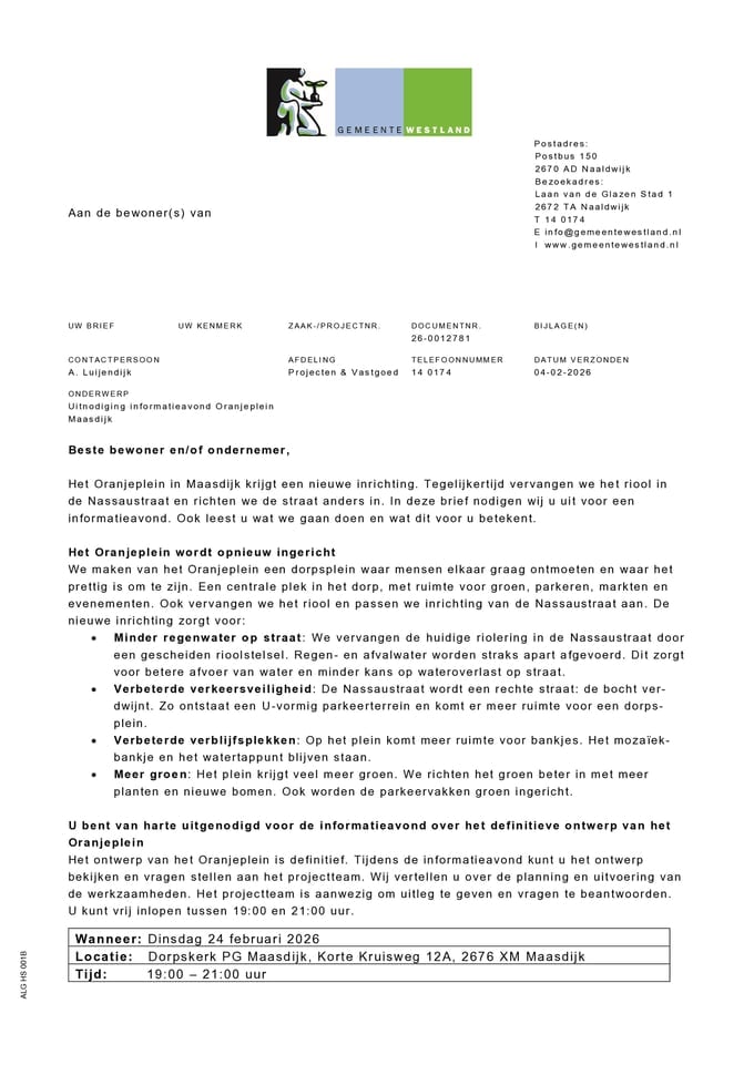 Bewonersbrief uitnodiging informatieavond Oranjeplein