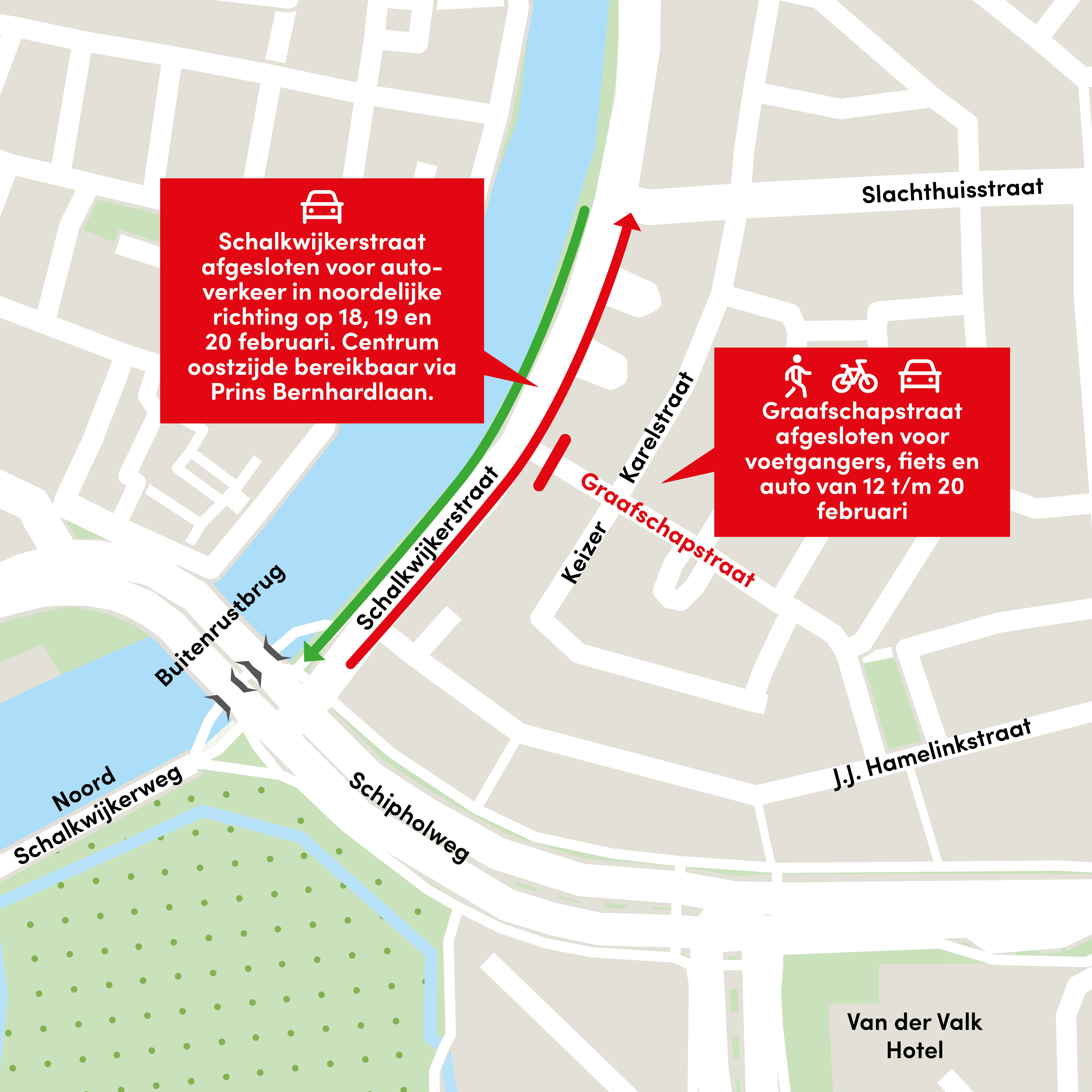 Kaart van de afsluiting Schalkwijkerstraat en Graafschapstraat.