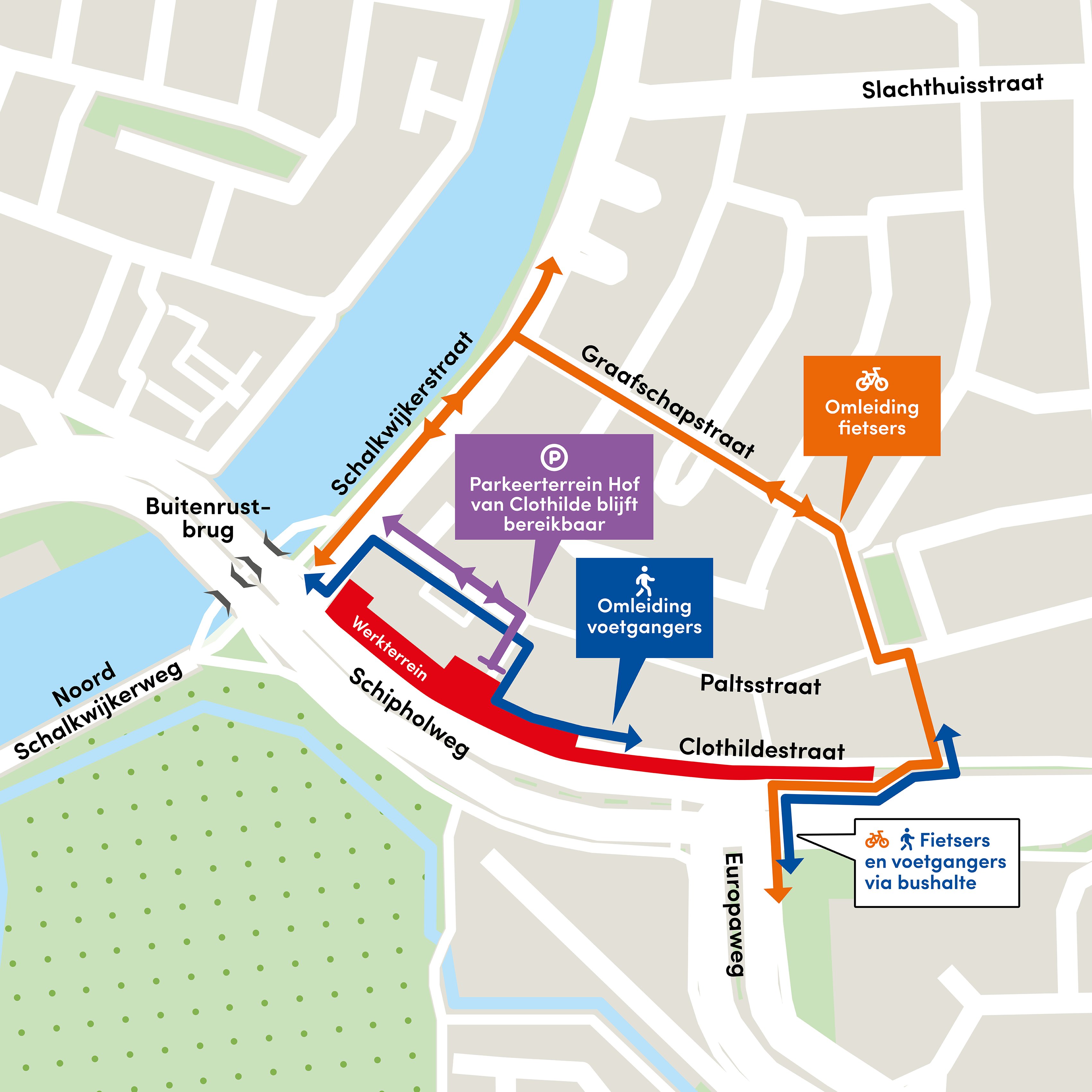 Kaart van de omleidingen voor voetgangers, fietsers en automobilisten.