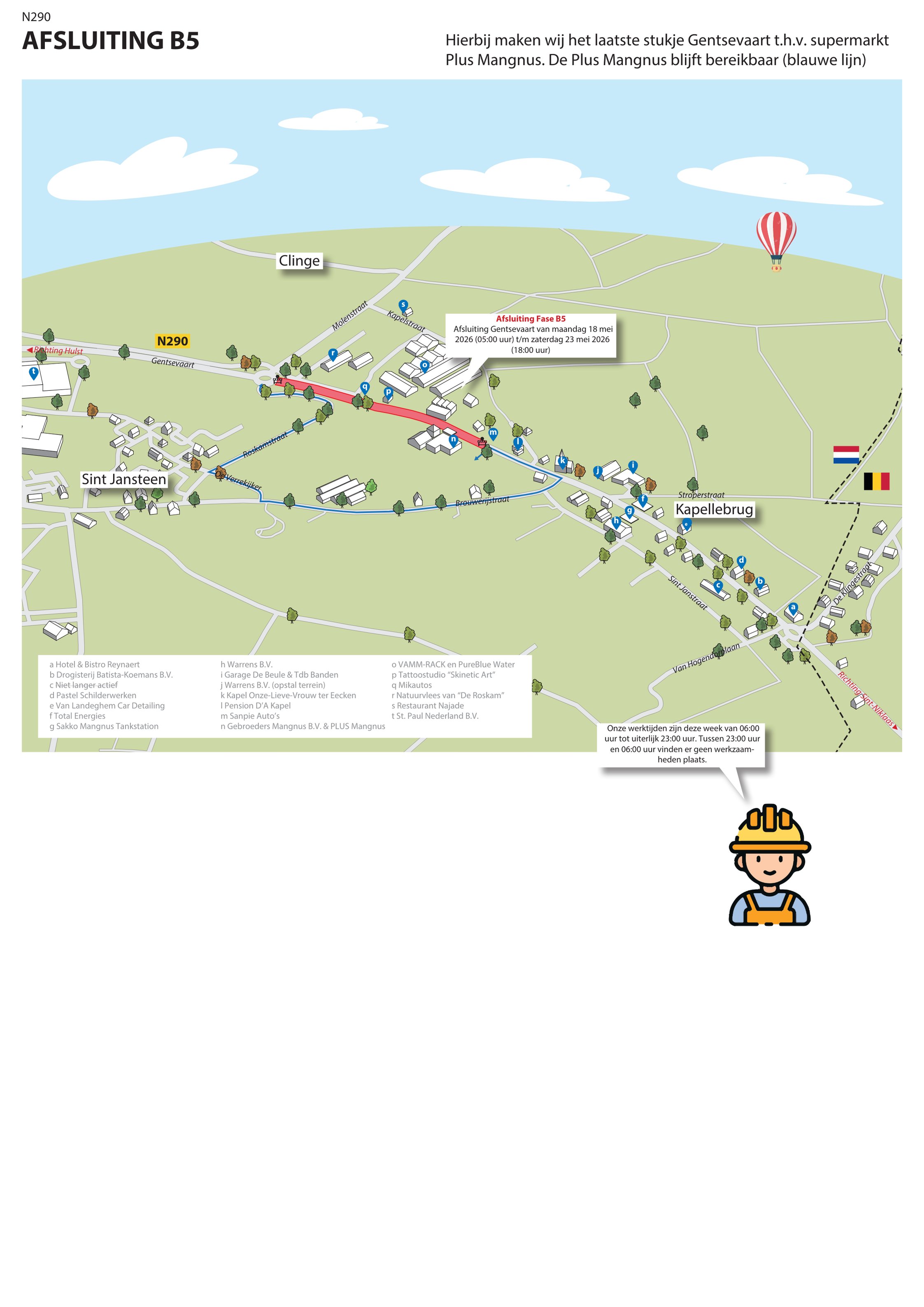 2️⃣Maandag 18 mei tot en met zaterdag 23 mei:
Afsluiting werkvak B5 - Nieuwe rotonde Molenstraat - Plus Mangnus middelste inrit parkeerterrein. De Plus Mangnus is te bereiken via de Brouwerijstraat en Gentsevaart zuid.

Tijdens deze dagen maken we het gehele werk in werkvak B5. We graven het gebied af tot op het riool en bouwen het weer op. Ook krijgt dit deel de eerste twee asfaltlagen. 

Voet- en fietspaden blijven te gebruiken.
Opritten van bewoners en ondernemers 6/6a/25/27/29 zijn niet te gebruiken.