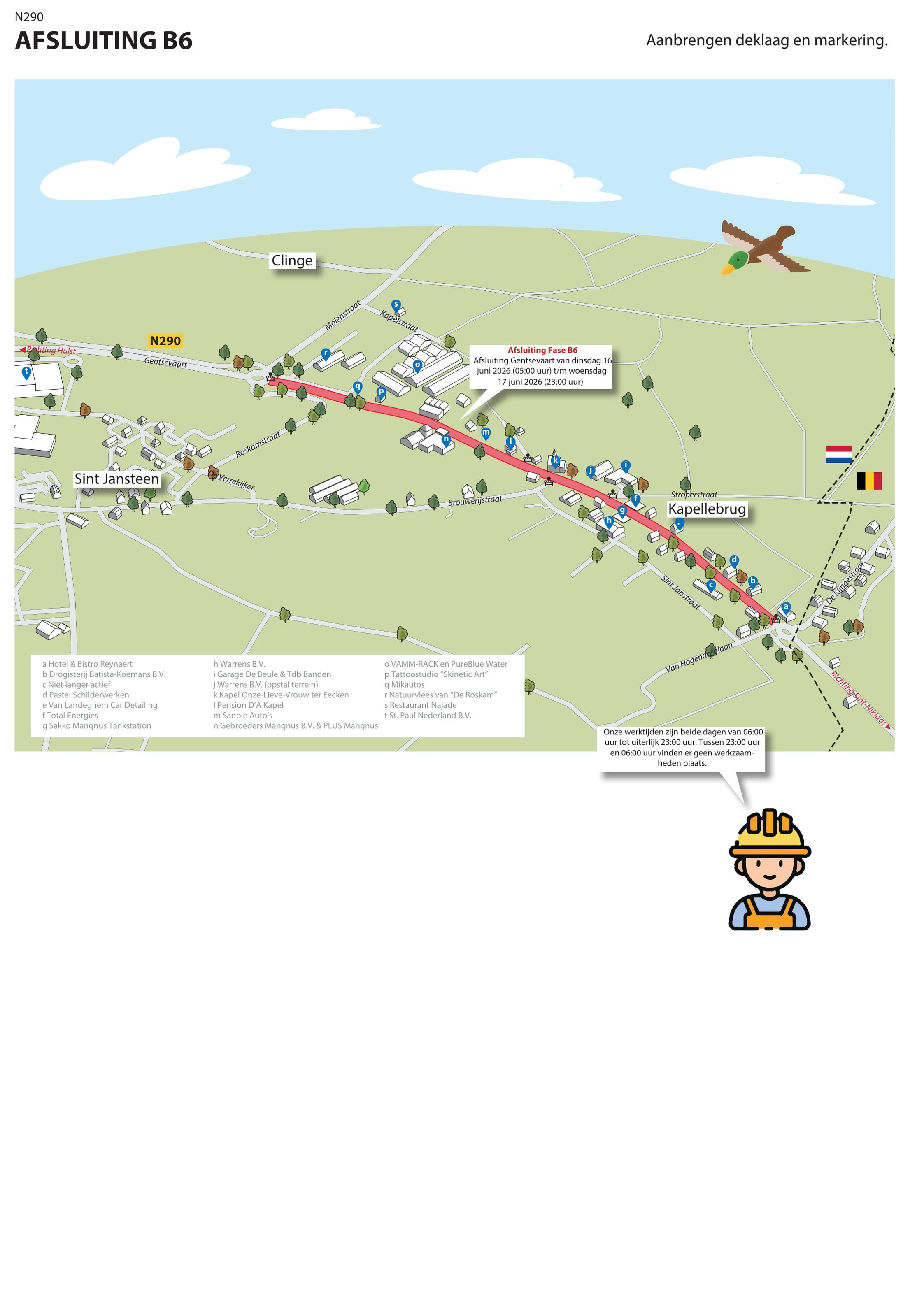 3️⃣Dinsdag 16 juni + woensdag 17 juni:
Afsluiting werkvak B6 - Van de nieuwe rotonde Molenstraat tot aan de rotonde met België.

Tijdens deze dagen krijgt de gehele Gentsevaart zijn laatste asfaltlaag en markeringen. 

Voet- en fietspaden blijven te gebruiken (behalve even zijde tussen Roskamstraat en Plus).
Opritten van alle bewoners en ondernemers aan de Gentevaart zijn niet te gebruiken. 
Te voet en met de fiets oversteken kan aan de kopse kanten (rotondes) en ter hoogte van de Brouwerijstraat.
Parkeren kan deze dagen in naastgelegen straten (niet bij de Plus)