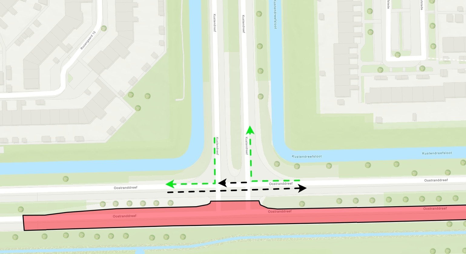 Op deze afbeelding is het werkvak 1 rood gemarkeerd. Hier vinden werkzaamheden plaats en is daarom afgesloten voor weggebruikers.

Met zwarte pijlen is de huidige route voor weggebruikers aangegeven; deze route blijft ongewijzigd van kracht. 

De groene pijlen geven de wijziging van de verkeerssituatie aan. Deze nieuwe route is vanaf vandaag eveneens toegankelijk voor weggebruikers.

Deze situatie houden wij in ieder geval tot 30 maart in stand.