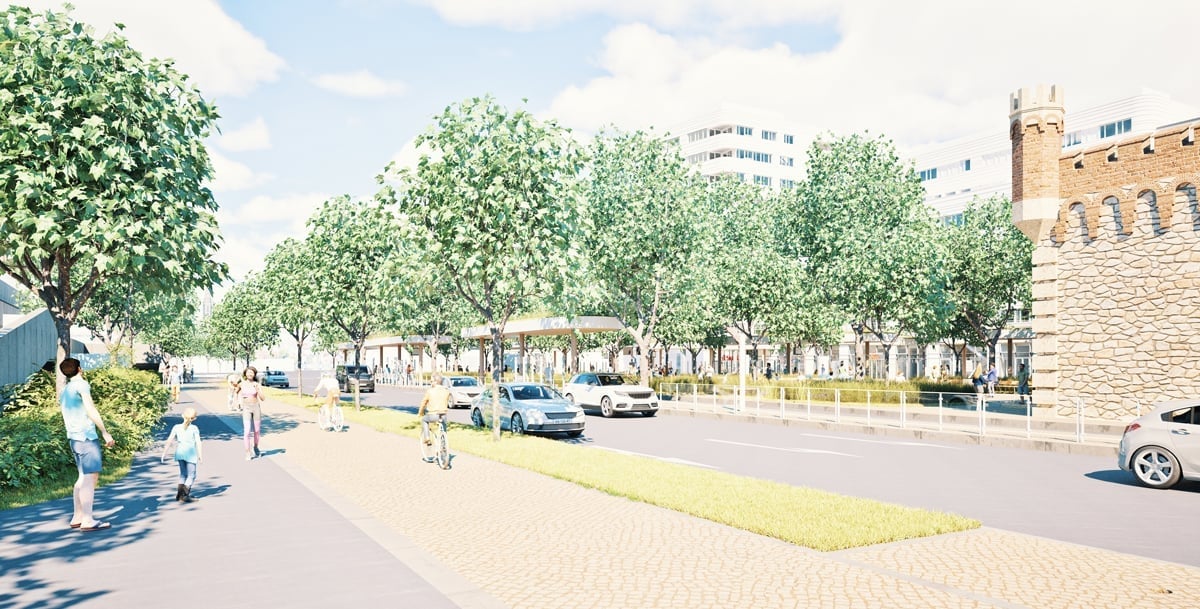 So soll die Neue Straße nach dem Umbau aussehen: mehr Platz für Fuß- und Radverkehr, neue Grünflächen und eine neu geordnete Verkehrsführung im Bereich des Ehinger Tors.
© architekten mühlich + partner mbb, Ulm