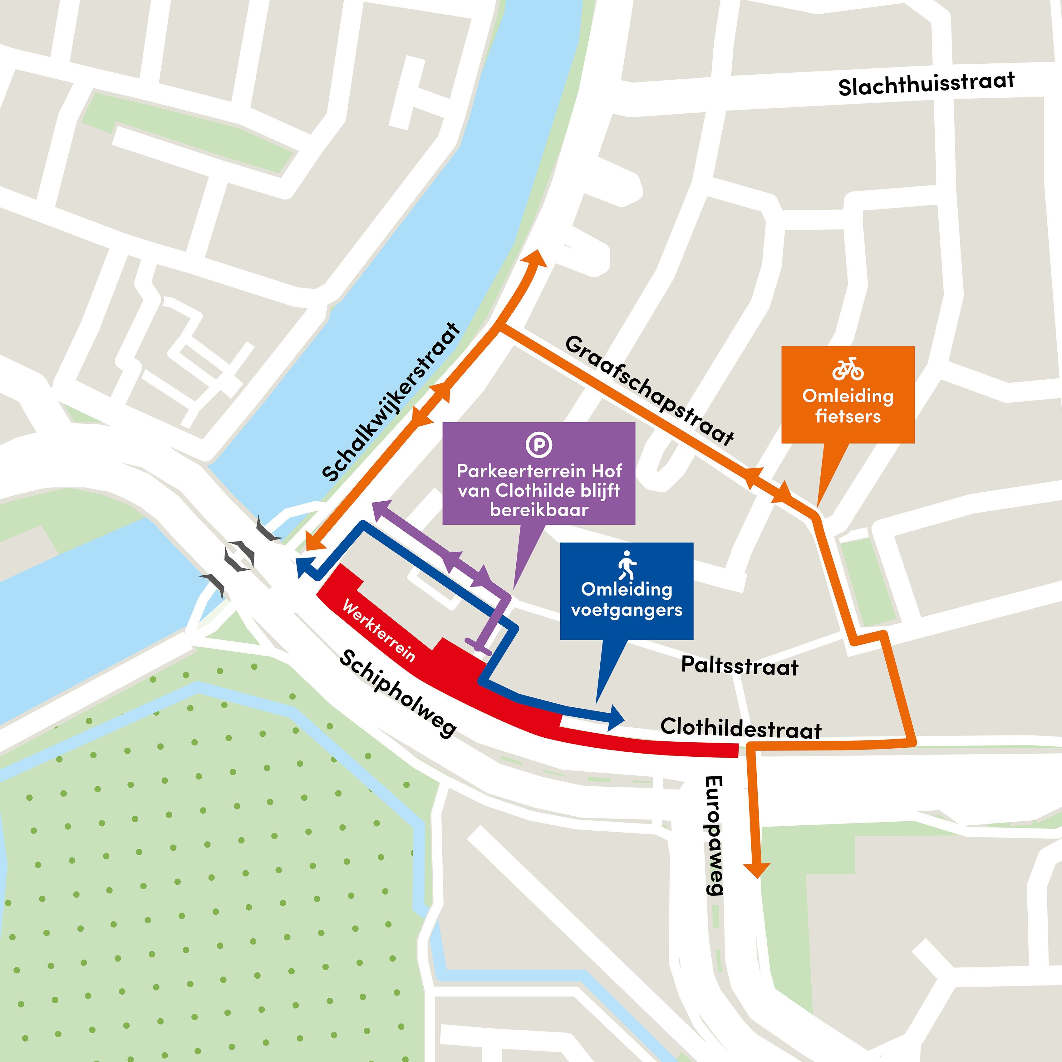 Vanaf 19 maart zijn dit de omleidingsroutes voor fietsers en voetgangers.