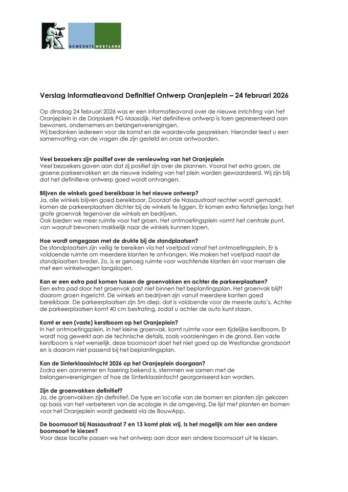 Verslaglegging informatieavond Definitief Ontwerp Oranjeplein op 24 februari 2026
