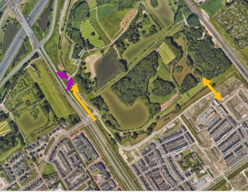 Locaties tijdelijke routes
- Geel: fietsers
- Paars: auto’s