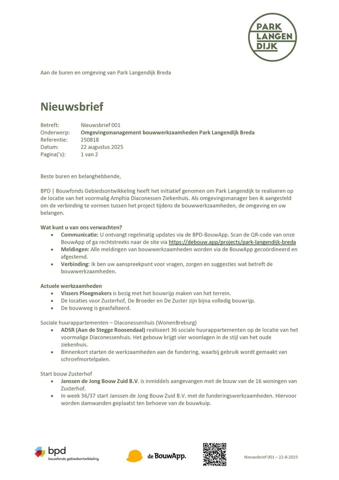 Ontwikkelingen Park Langendijk Breda Nieuwsbrief 004