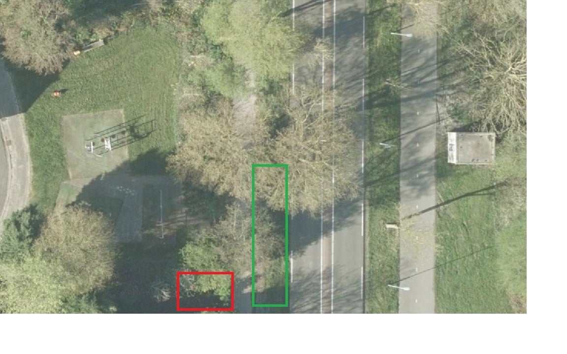 Locatie Cederlaan, Groene vlak plaats voor servicekraan en Rode vlak plaats voor nieuwe gemaal