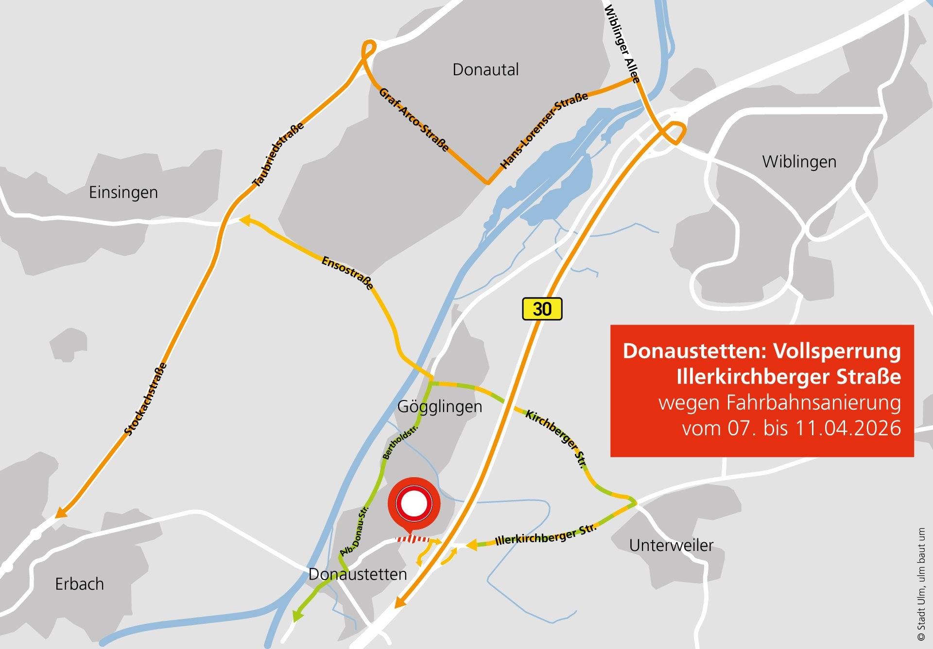 Umleitung für Sperrung der Illerkirchberger Str.