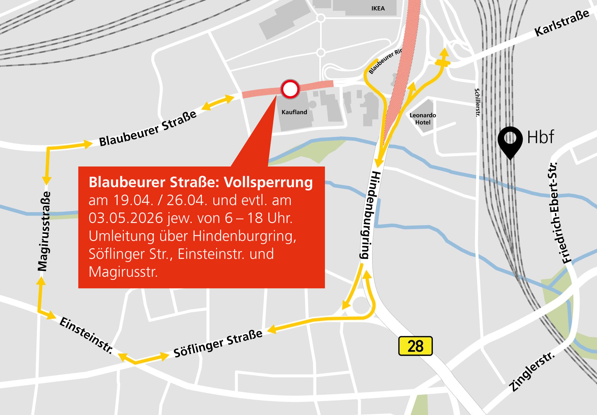 Sperrung Blaubeurer Straße am 19.04./26.04./03.05.2026
