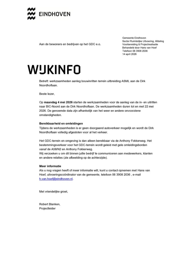 Brief naar omwonenden en bedrijven