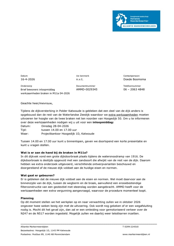 Brief extra werkzaamheden polder Katwoude M11a twee braken