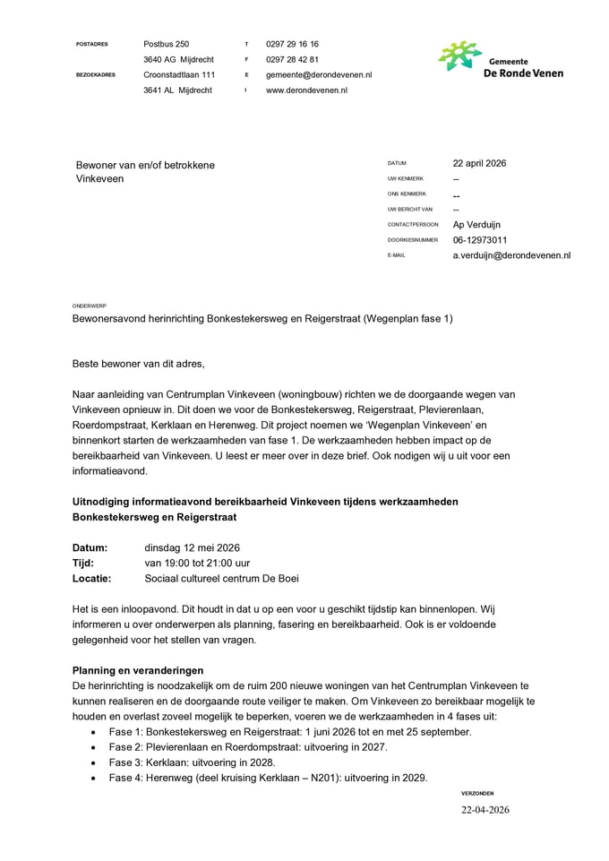 Bewonersbrief met uitnodiging inloopavond in verband met werkzaamheden aan de Bonkestekersweg en Reigerstraat in Vinkeveen.