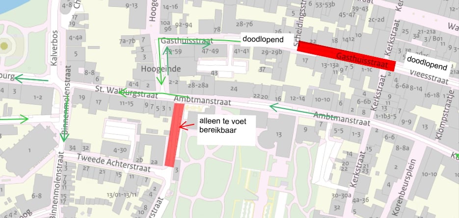Op de afbeelding ziet u het werkgebied van deze fases: Gasthuisstraat en 1ste Achterstraat.