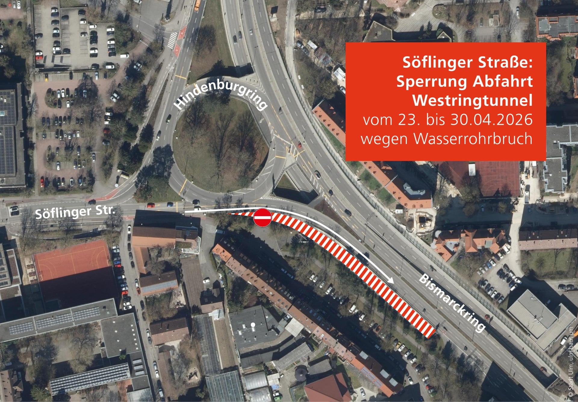 Söflinger Kreisel: Abfahrt Westringtunnel vom 23. bis 20.04.2026 gesperrt