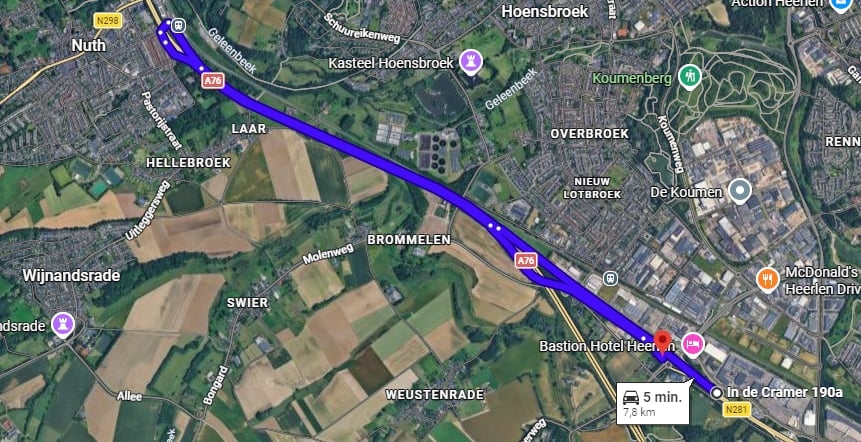 N281 afrit Beersdalweg rechts afgesloten keren via afrit 5 Nuth van de A76 naar afrit Beersdalweg links.