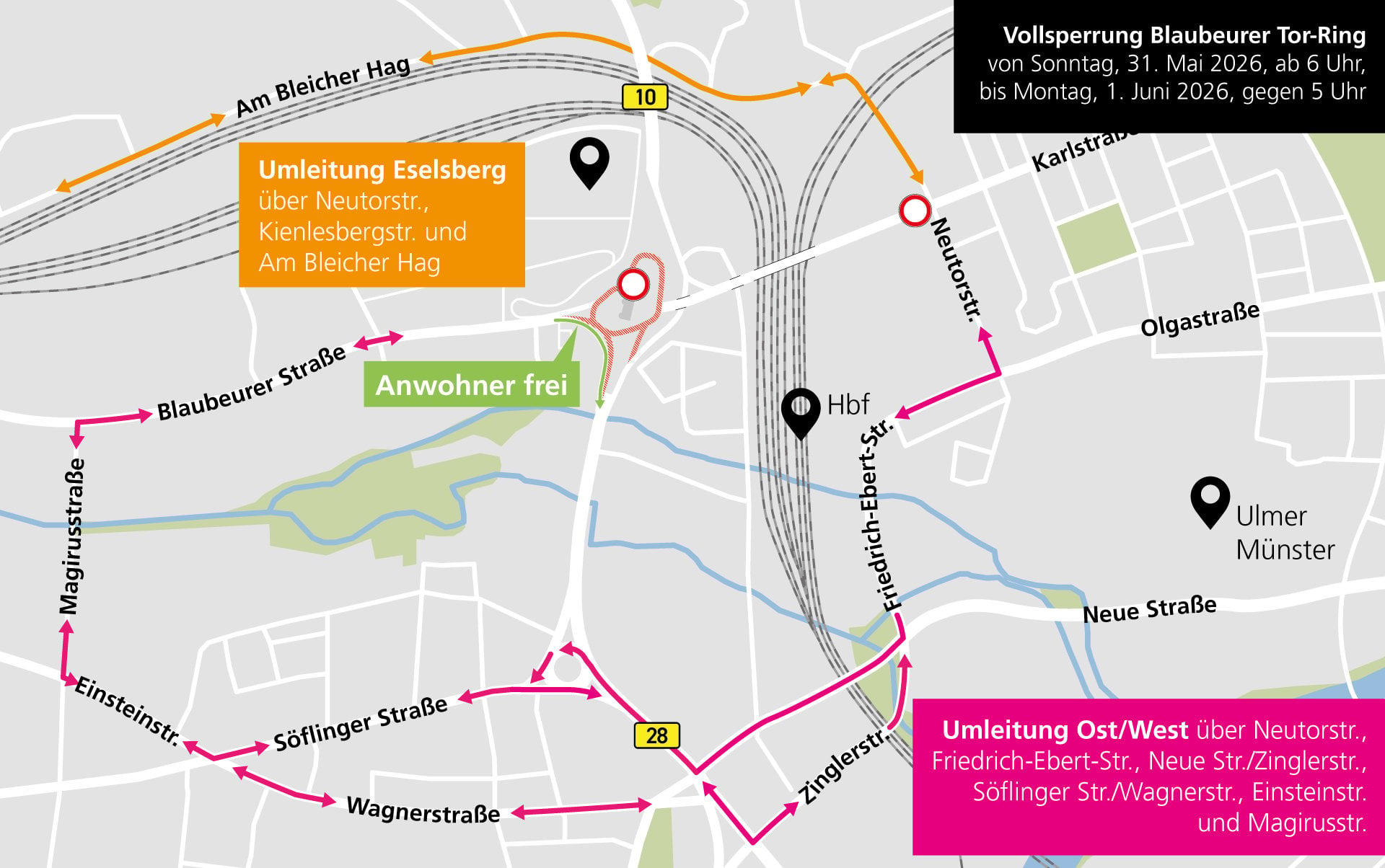 Umleitungsempfehlung während Vollsperrung Blaubeurer Tor-Ring