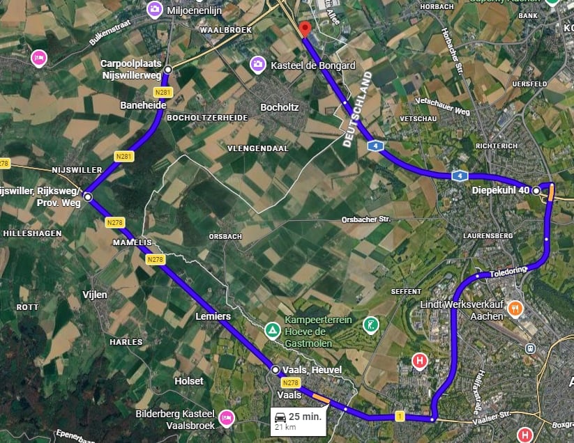 Route N281 rechts vanaf Nijswillerweg > N281 > N278 > 1 Vaalserstraat > Pariserring > L260 / 232 > toerit 2 Aachen – Laurensberg > 4 > A76 > afrit 7 Simpelveld  > N281