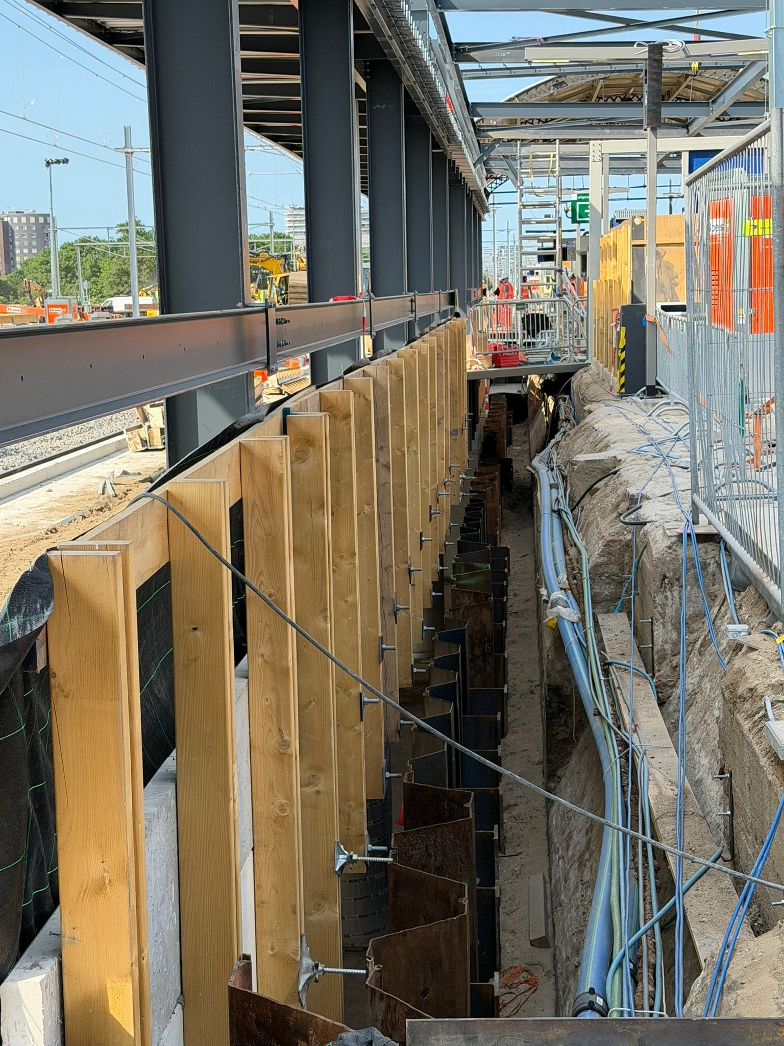 Damwand vanaf perron 4b gezien. Ook hier wordt een bouwschutting omheen geplaatst