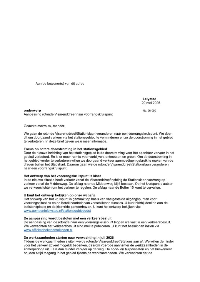 Bewonersbrief herinrichting kruising Visarenddreef- Stationslaan