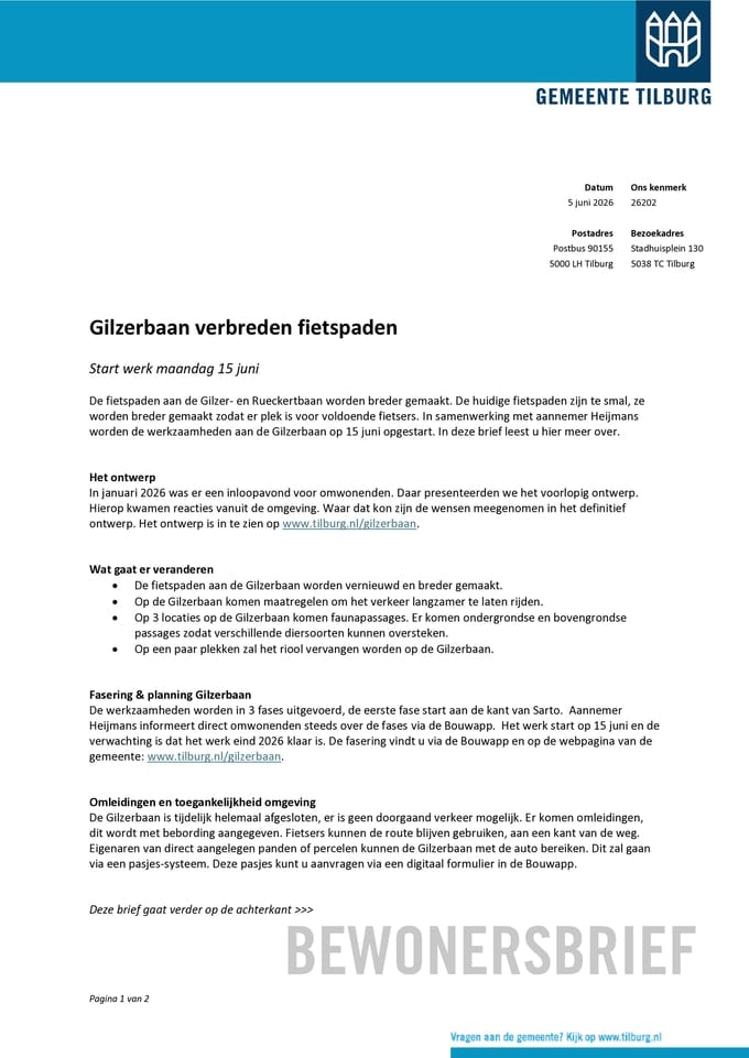Brief voor de omgeving verstuurd vanuit gemeente Tilburg.