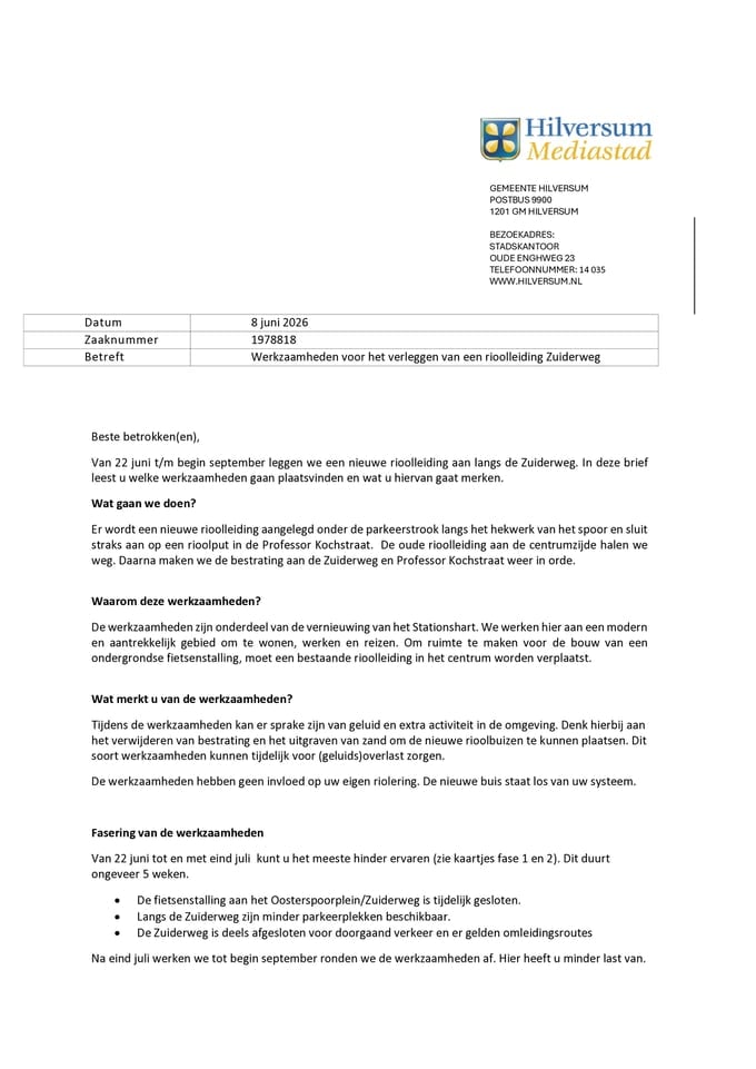 Brief verleggen rioolleiding Zuiderweg