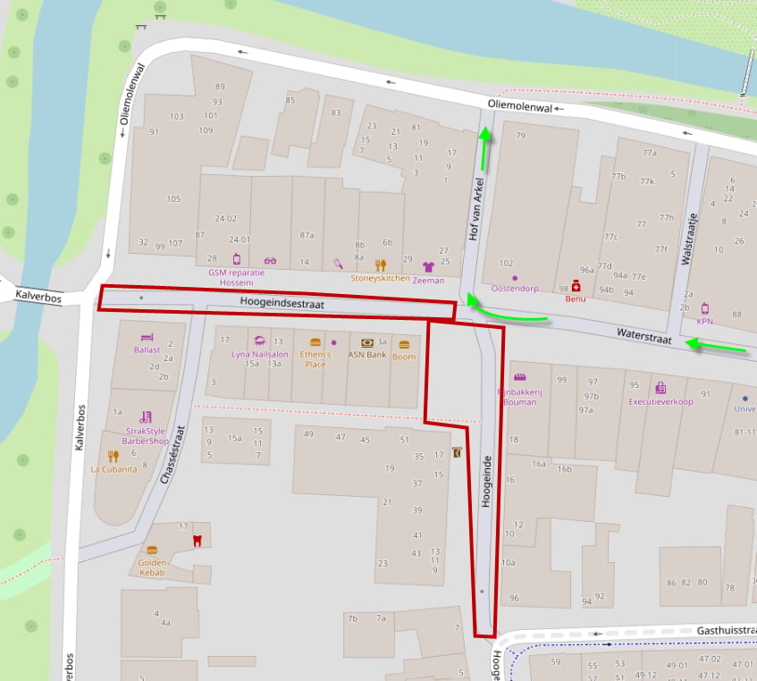 Op de afbeelding staat de tijdelijke route voor de bevoorrading om het centrum uit te rijden. Waterstraat - Hof van Arkel - Oliemolenwal - Kalverbos.