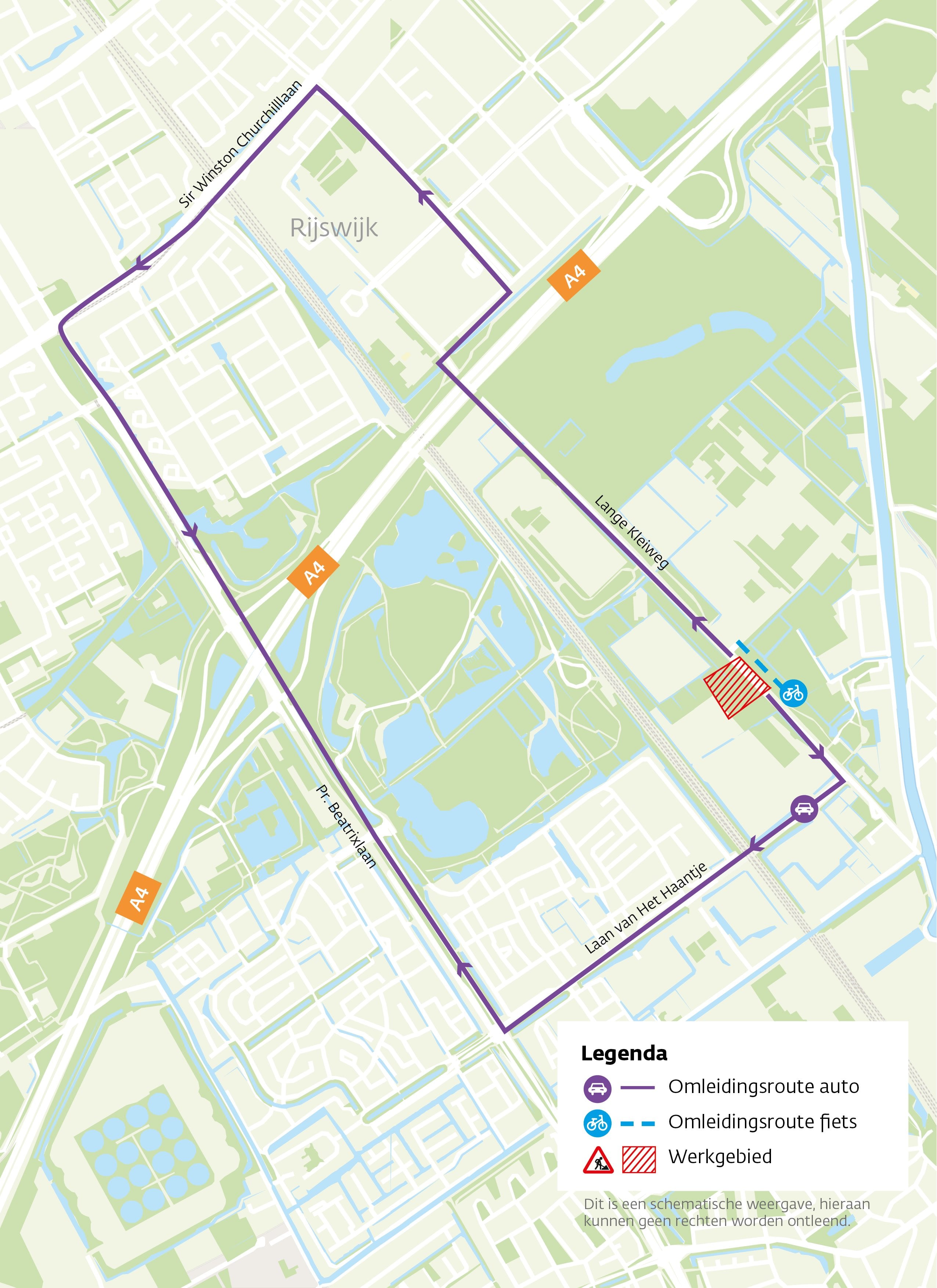 Omleidingsroute voor gemotoriseerd verkeer tijdens de afsluiting  van de Lange Kleiweg.