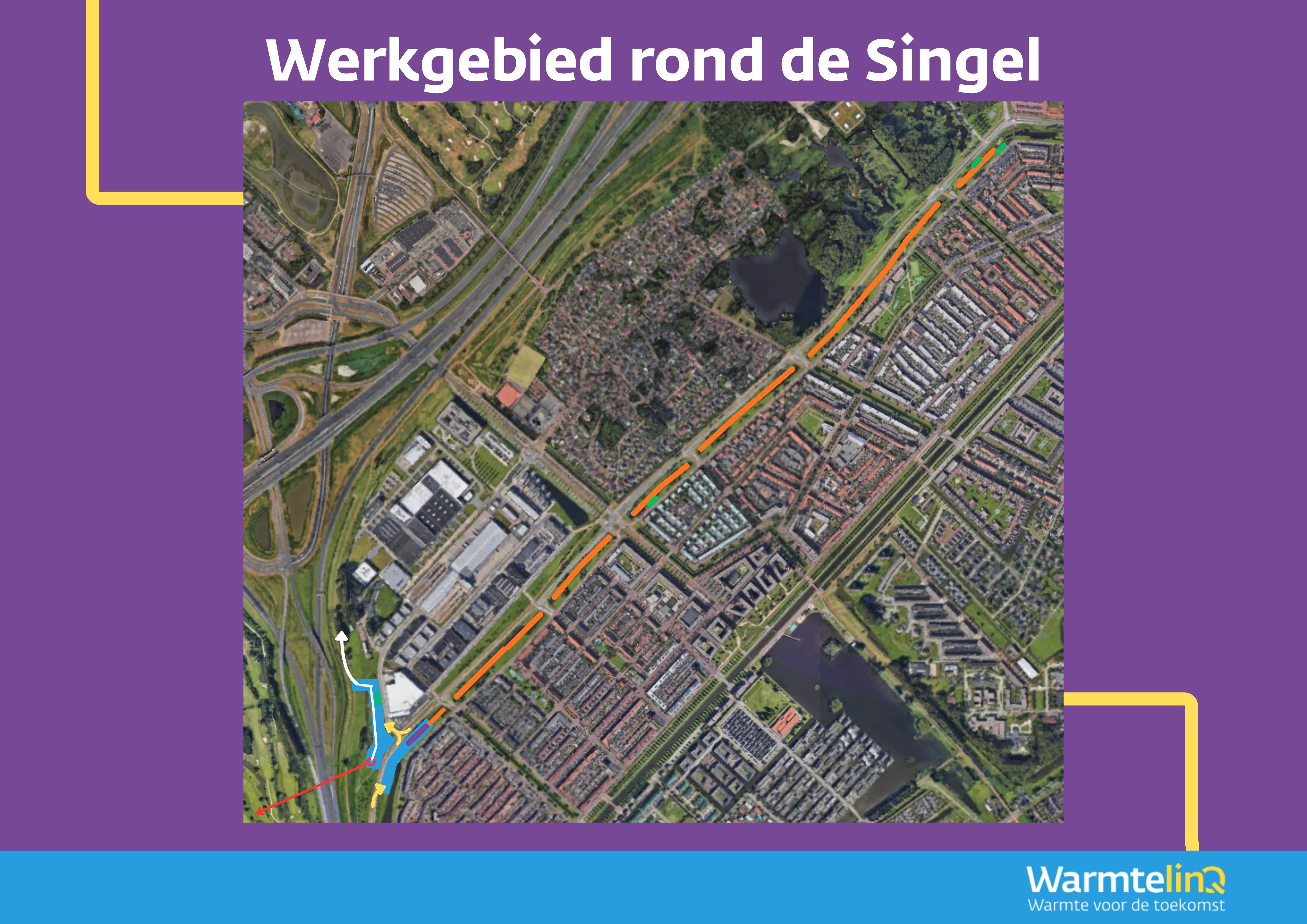 Blauw - werkterrein
Oranje - uitlegstrook
Paars - werkplateau
Rood - Aanleg door boring
Wit - Aanleg in open ontgraving
Groen - gronddepot
Geel - inrit werkverkeer