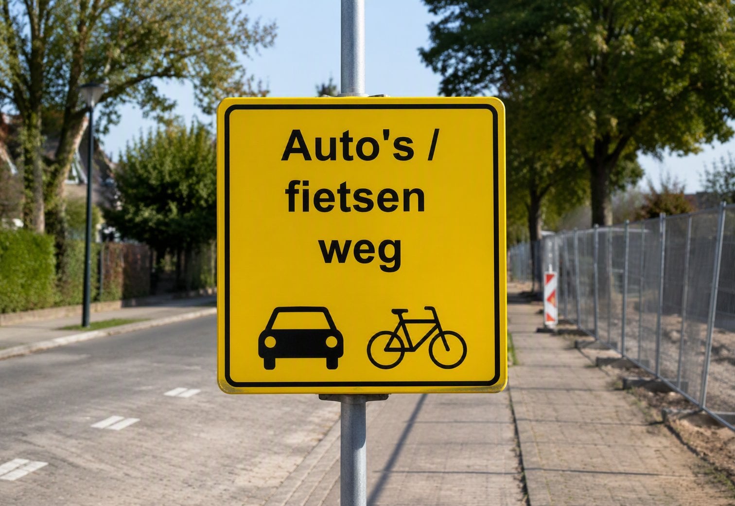 Op de afbeelding staat de tekst: 'Auto's/fietsen weg'.