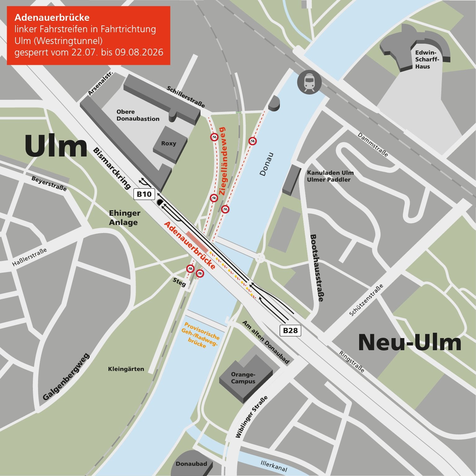 Adenauerbrücke: Eine Spur Ri. Ulm gesperrt v. 22.07. bis 09.08.2026
