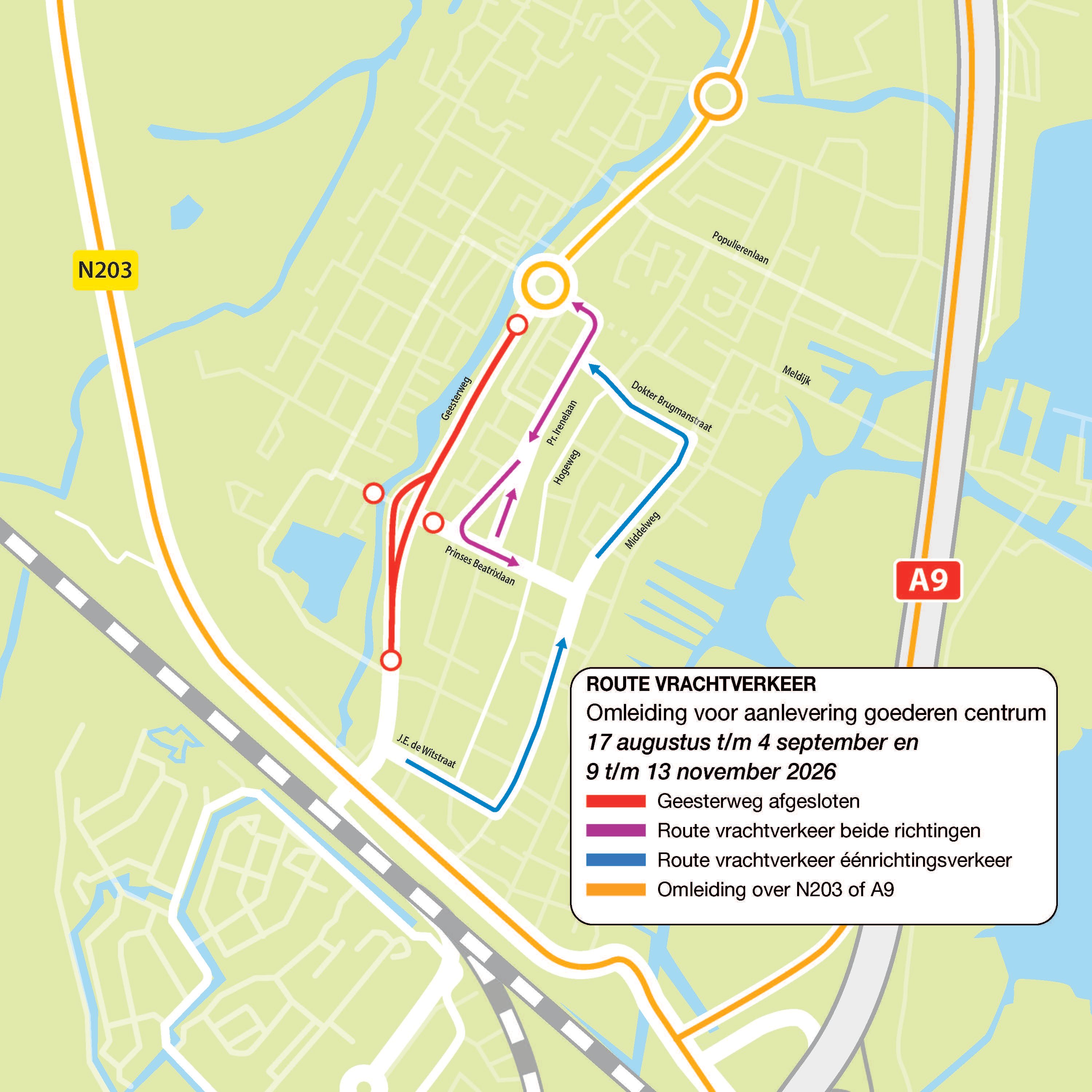 Dit kaartje geeft de route aan voor het vrachtverkeer.
