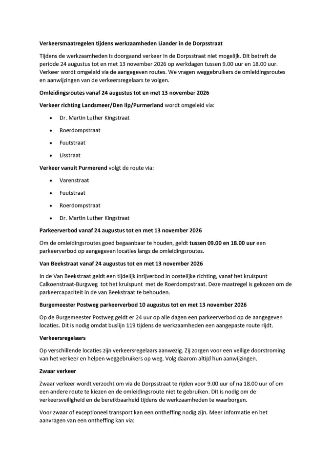 Aanvullende informatie omleidingsroute