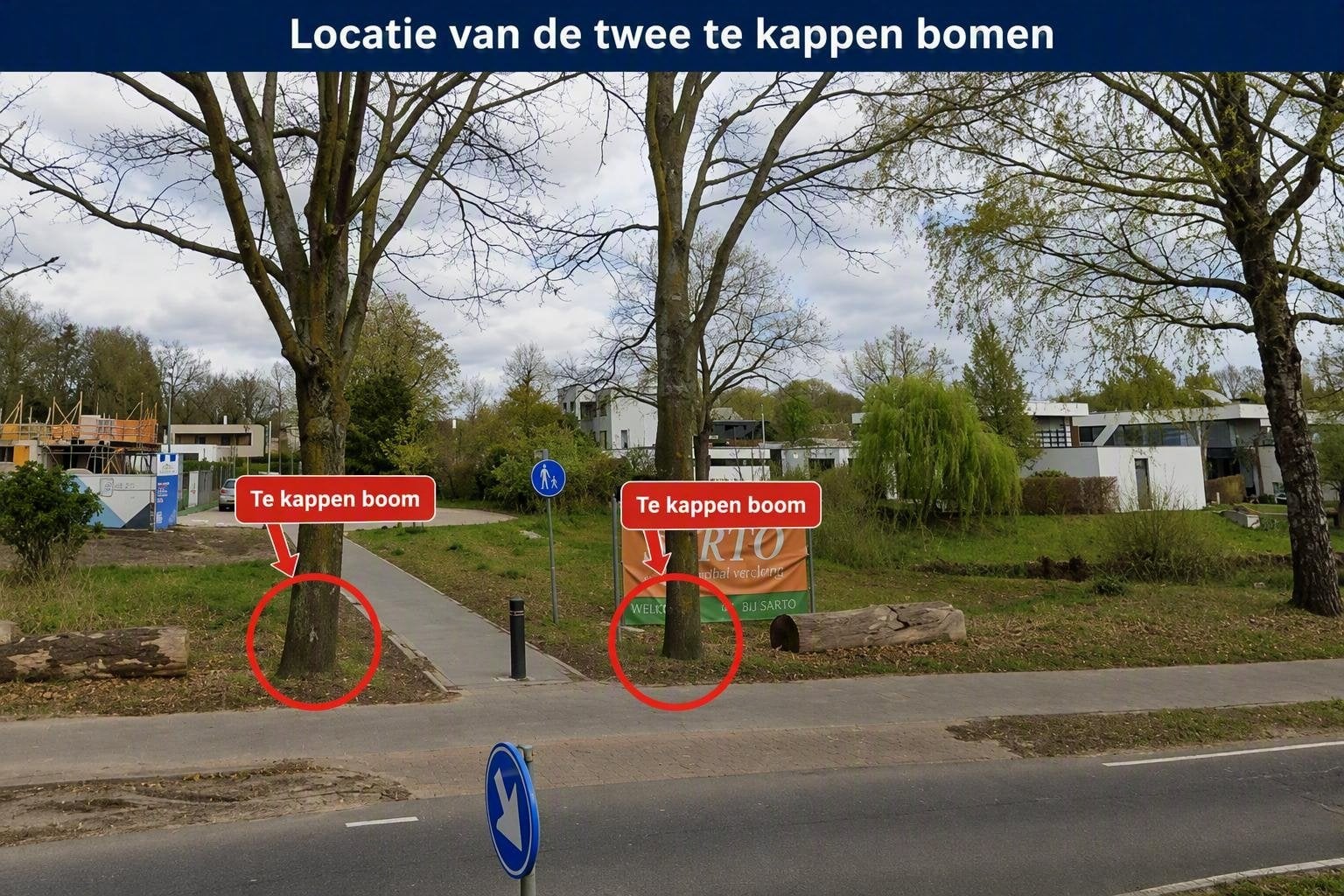 Op deze afbeelding zijn de twee bomen aangegeven die gekapt zullen worden ten behoeve van de werkzaamheden aan het fietspad.